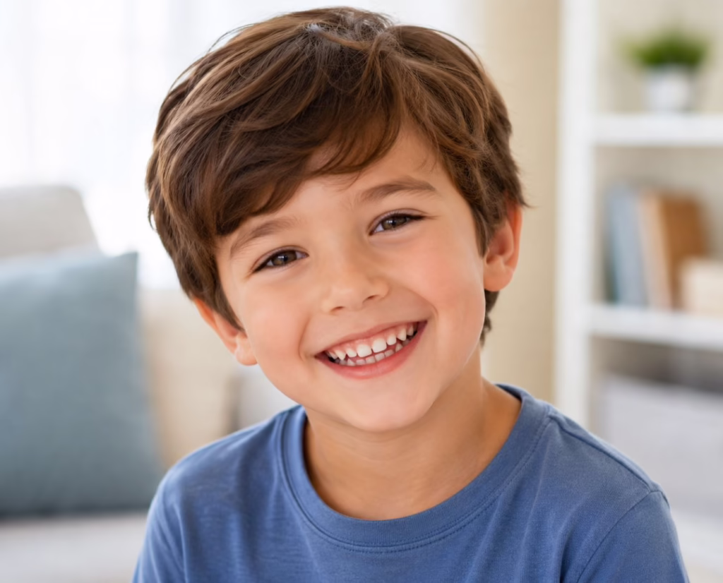 A happy young boy with a healthy smile at Central Park Dental and Orthodontics, highlighting the importance of nasal breathing for proper facial growth and cognitive development in Mansfield kids.