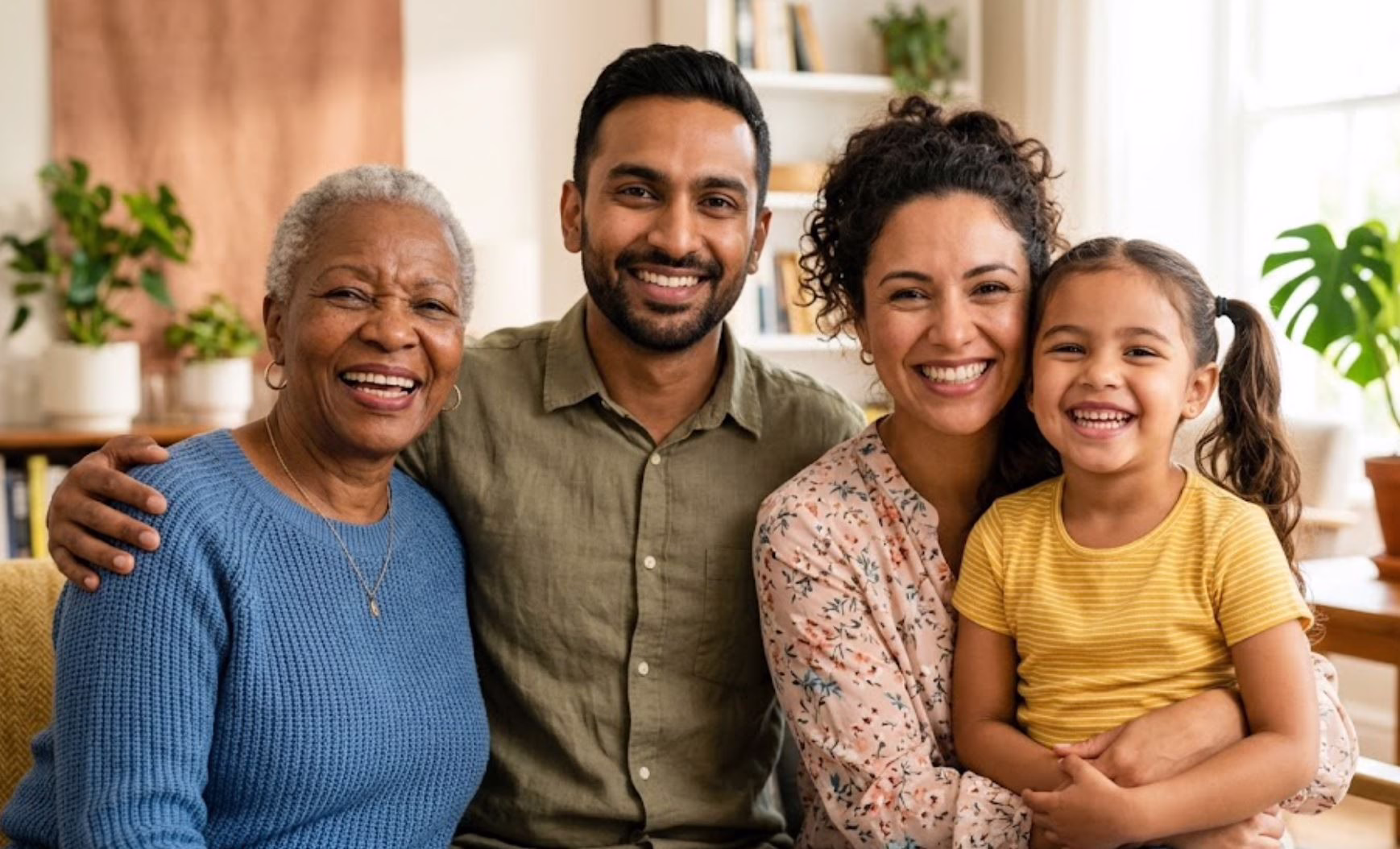 A happy multi-generational family including a grandmother and young child smiling together to show how dental bonding at Central Park Dental and Orthodontics can restore confidence and smiles for patients of all ages in Mansfield TX