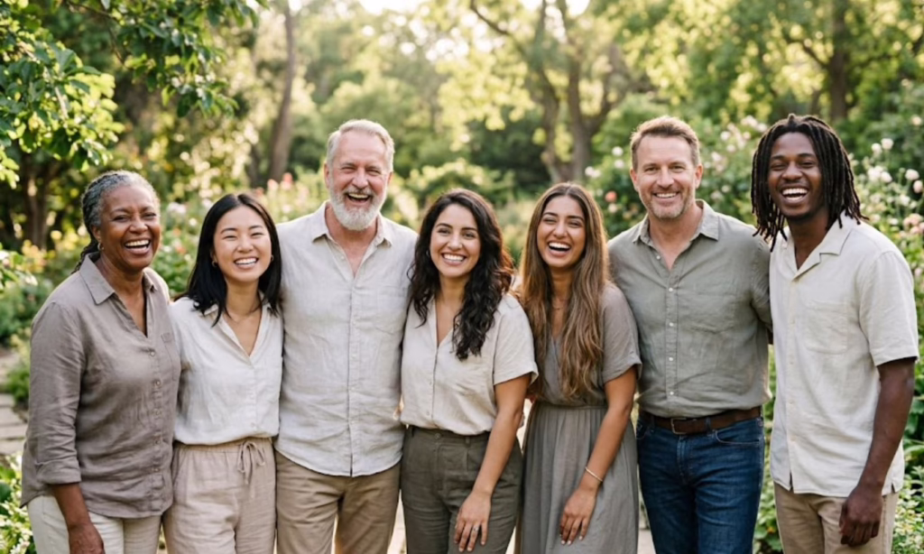 A diverse group of friends and family laughing together outdoors, showcasing bright white smiles after professional teeth whitening treatments at Central Park Dental & Orthodontics in Mansfield, Texas.