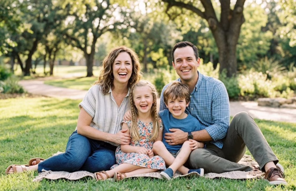A smiling family of four—a mother, father, and two young children—sitting together on a blanket in a sunlit park in Mansfield, TX.