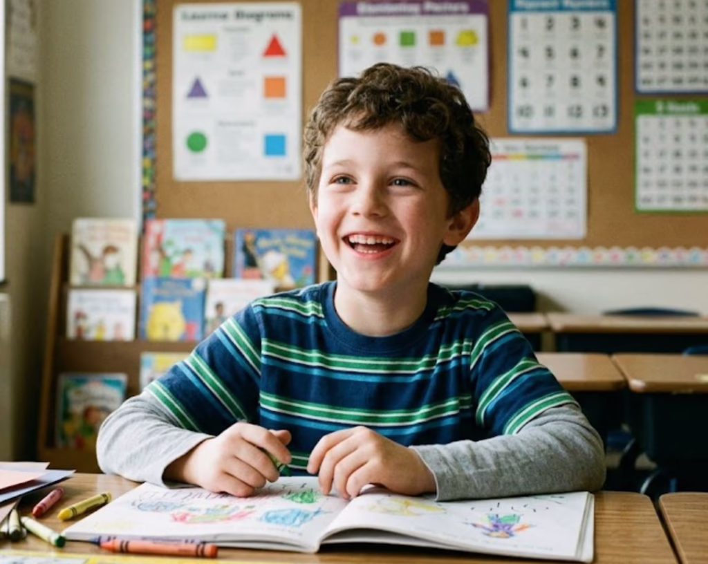 A happy elementary-aged boy with curly hair sitting at a school desk, smiling brightly while drawing in a classroom.