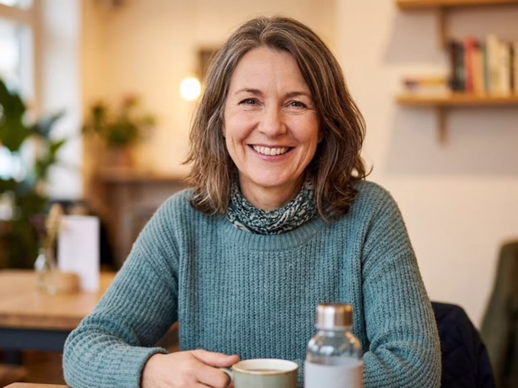 A smiling woman sitting in a cafe, representing the healthy well-being and confidence restored through comprehensive dental care at Central Park Dental & Orthodontics.