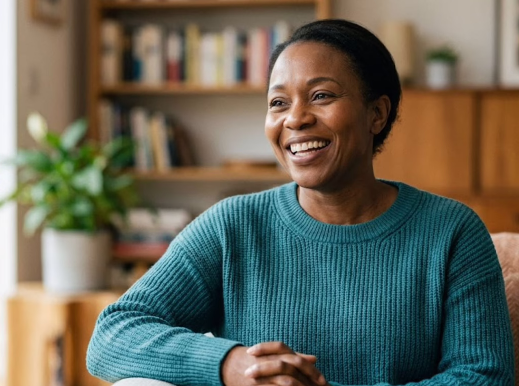 Smiling woman in Mansfield TX feeling refreshed after laser tonsil treatment for tonsil stones and improved sleep quality at Central Park Dental & Orthodontics.