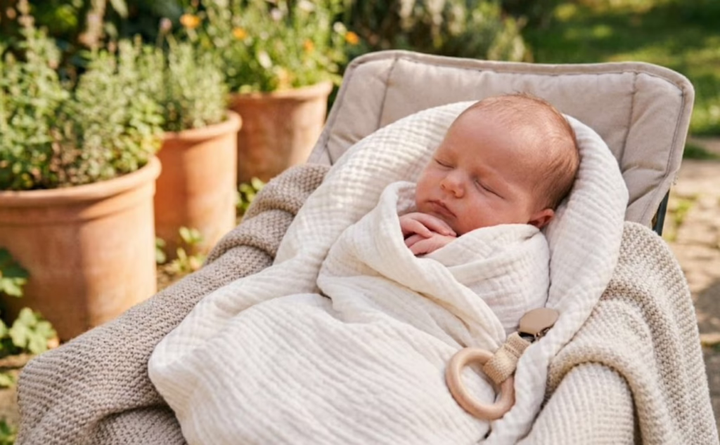 Newborn baby sleeping peacefully in a soft white swaddle outdoors, representing healthy infant airway development and restful sleep for patients at Central Park Dental and Orthodontics in Mansfield Texas