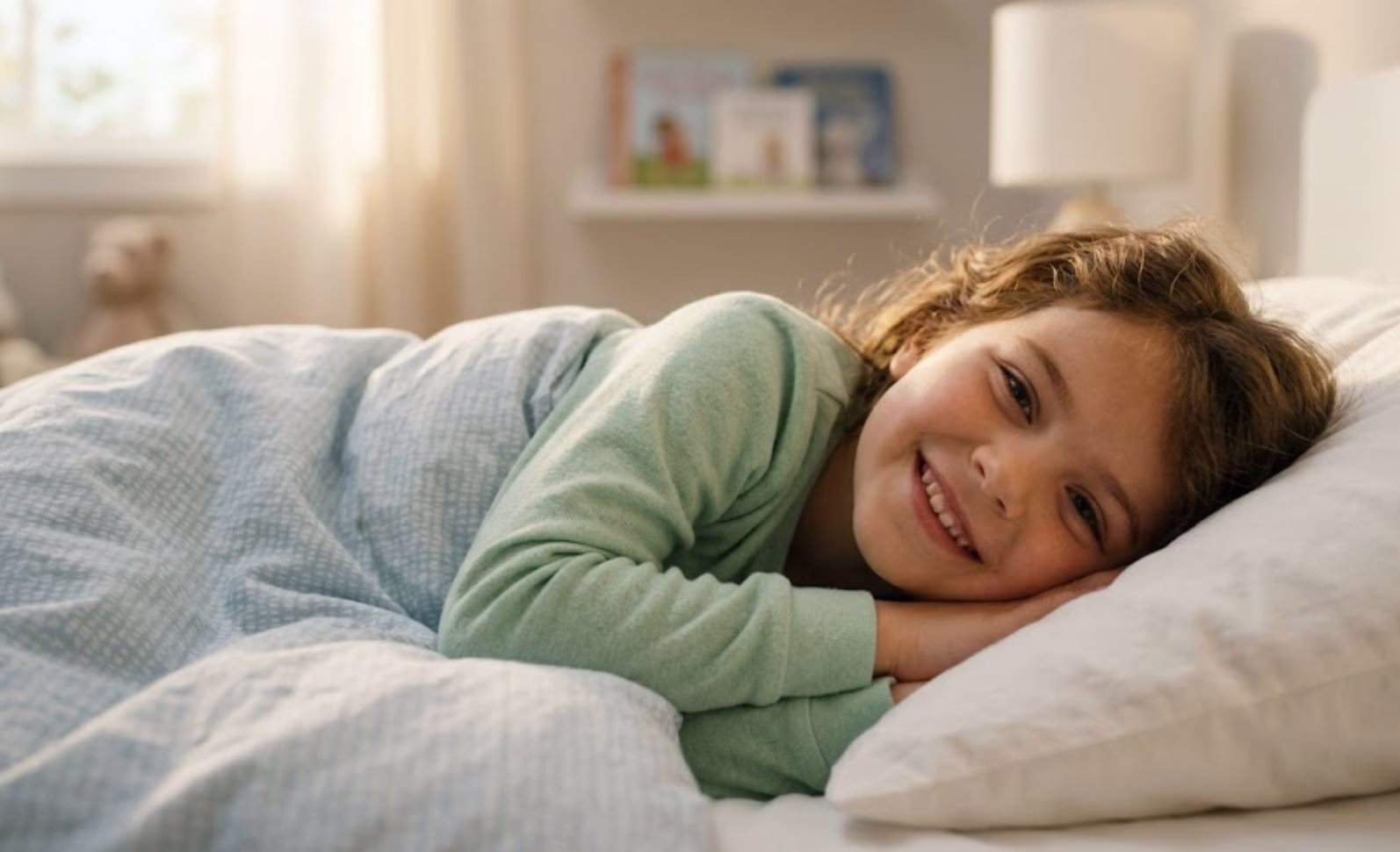 A smiling young child resting comfortably in bed under a light blue blanket, representing pediatric airway health and sleep quality evaluations at Central Park Dental and Orthodontics in Mansfield Texas.