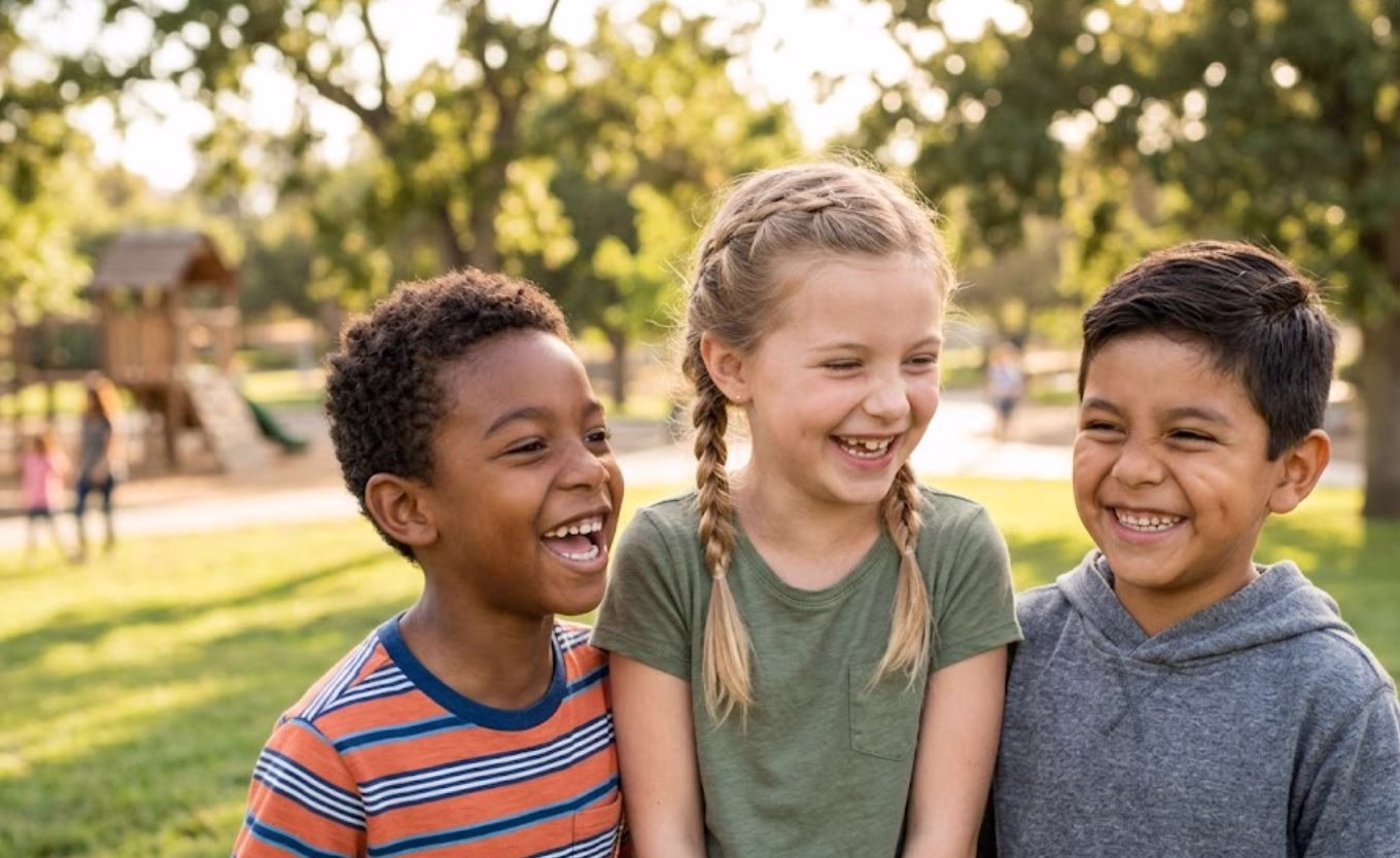Three diverse children laughing outdoors in a park representing the healthy development and joy that follows airway focused care at Central Park Dental and Orthodontics in Mansfield Texas