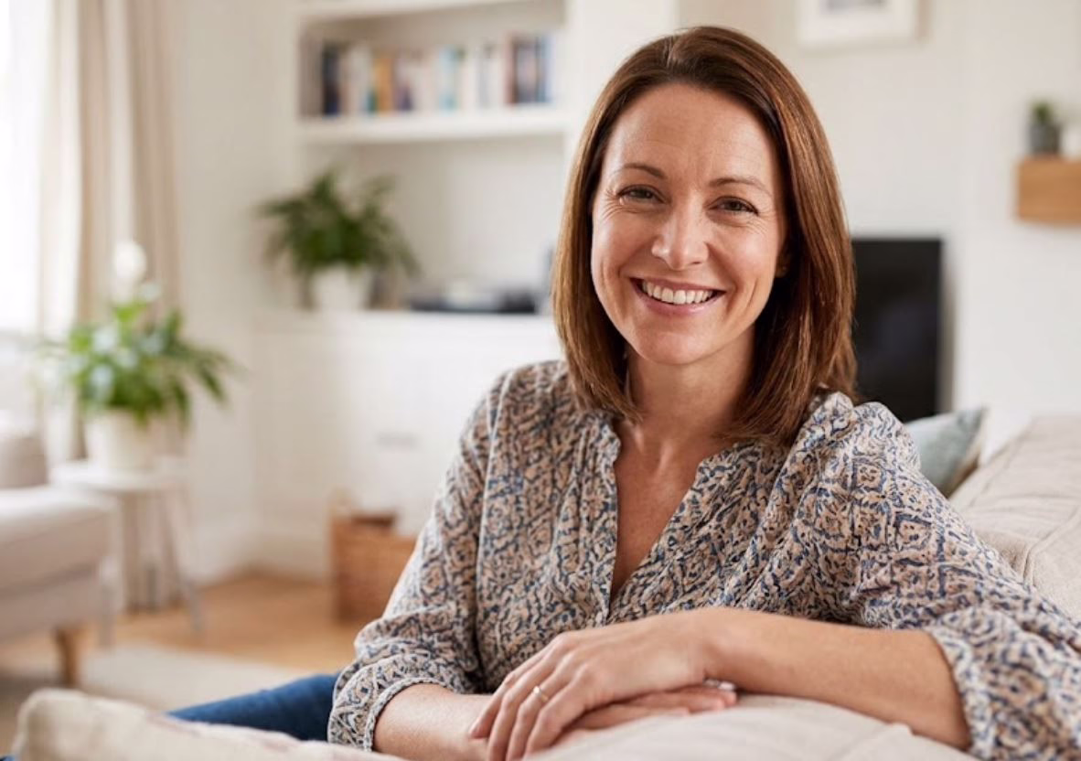 A happy woman smiling at home after achieving restful sleep through airway treatment at Central Park Dental and Orthodontics in Mansfield Texas