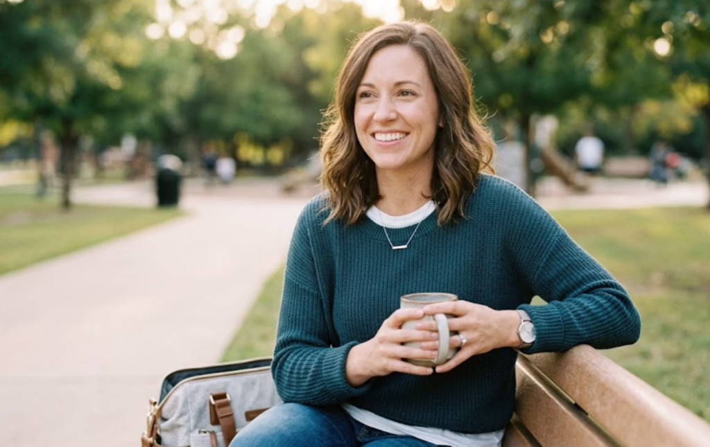Smiling mom holding a warm beverage mug on a park bench in Mansfield Texas representing postpartum self care and maternal oral wellness