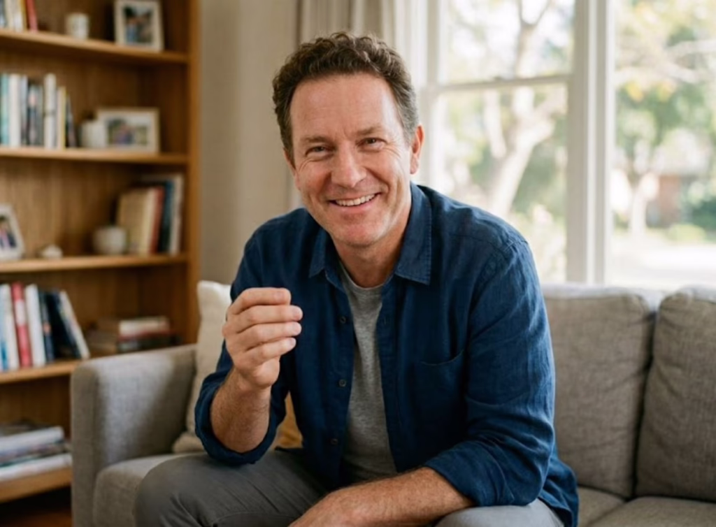 Man smiling and gesturing while relaxing on a couch in a comfortable office setting as part of patient education on sleep apnea treatment options at Central Park Dental and Orthodontics.