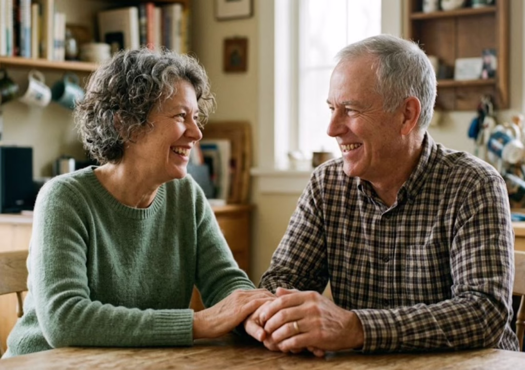 An older couple sitting at a wooden table in a brightly lit kitchen holding hands and smiling warmly at each other while discussing long term healthcare and dental wellness options in Mansfield Texas