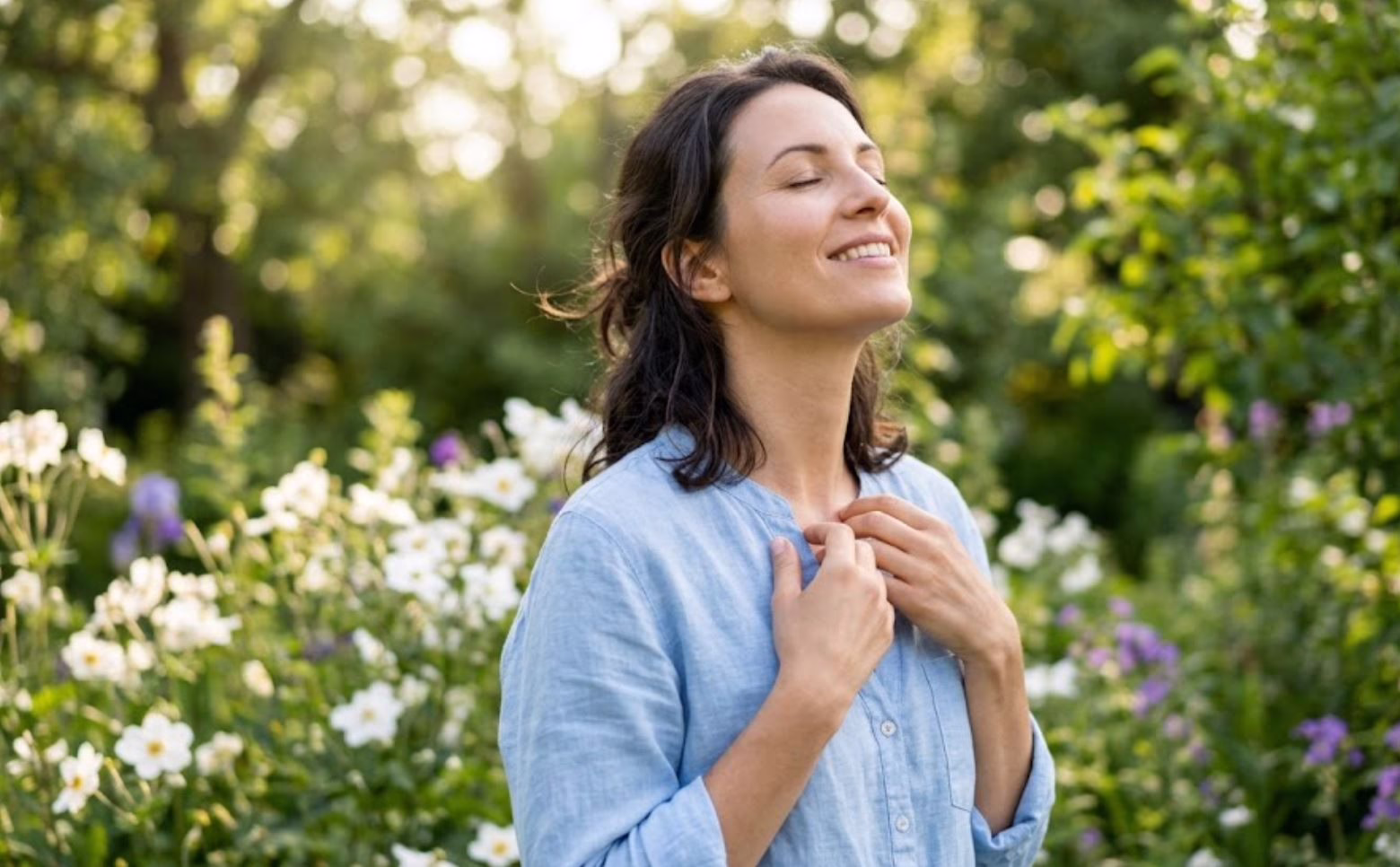 A happy woman smiling and breathing easily in a garden after receiving laser therapy for tonsil stones at Central Park Dental and Orthodontics in Mansfield Texas