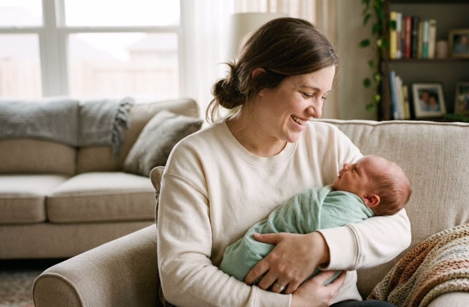 A smiling mother holding her swaddled newborn baby in a cozy living room armchair, reflecting the relief and bonding families experience after an infant tongue tie or lip tie release at Central Park Dental & Orthodontics in Mansfield Texas.