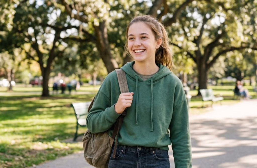 A smiling teenage girl carrying a backpack in a green park representing healthy child development and airway focused orthodontics at Central Park Dental and Orthodontics in Mansfield Texas