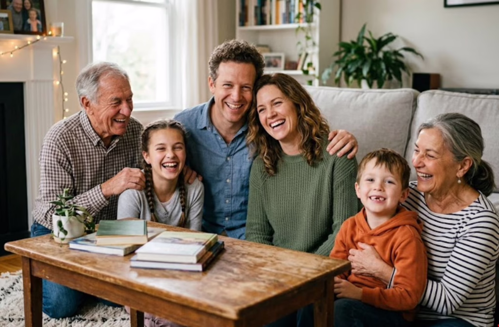 Multi generational family sitting together in a living room laughing happily representing comprehensive dental care at Central Park Dental and Orthodontics in Mansfield Texas