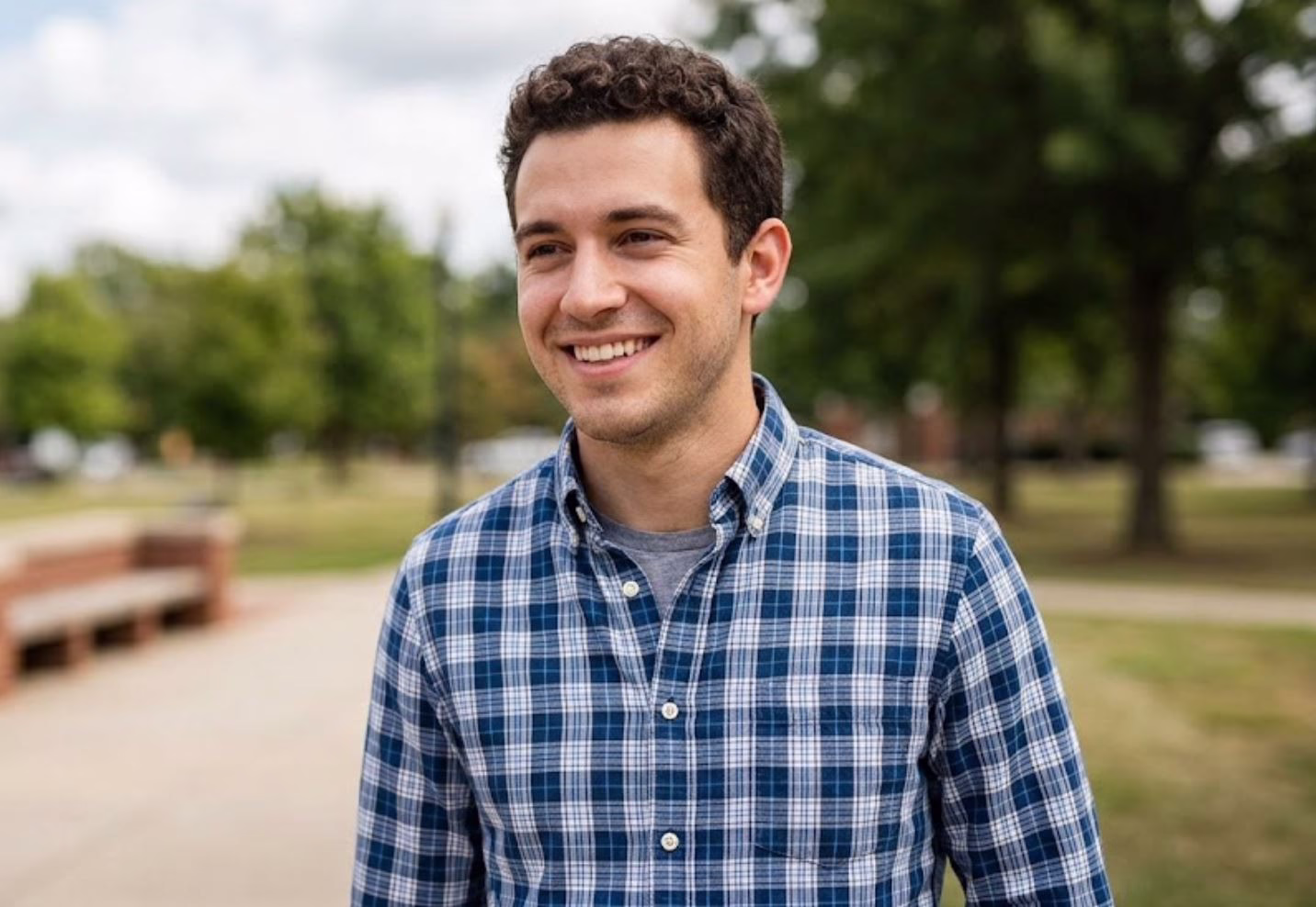 Smiling male patient displaying natural facial balance and alignment outside Central Park Dental and Orthodontics in Mansfield TX