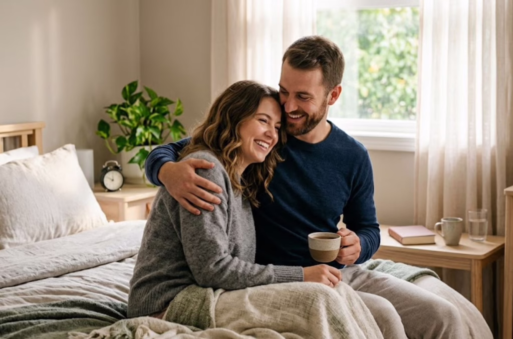 Happy couple sitting on bed smiling together after resolving snoring and airway sleep issues with Central Park Dental and Orthodontics in Mansfield Texas