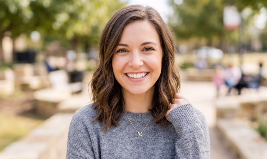 A smiling young woman sitting outdoors wearing a cozy grey sweater, representing a patient who found non surgical relief from chronic tonsil stones at Central Park Dental & Orthodontics in Mansfield, TX